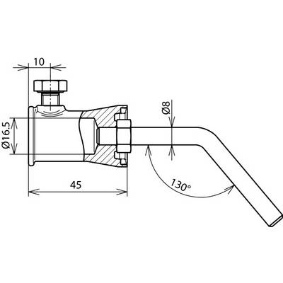 Technische Zeichnung eines Ventils mit Abmessungen: Länge 45 mm, Durchmesser 16,5 mm und 8 mm, Winkel des Rohrs 130 Grad.