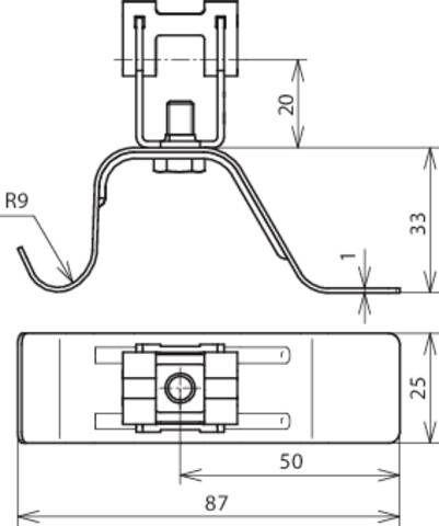 Technische Zeichnung eines metallischen Halters mit Maßen: Höhe 33 mm, Breite 87 mm. Zeigt auch den Biegeradius von 9 mm.