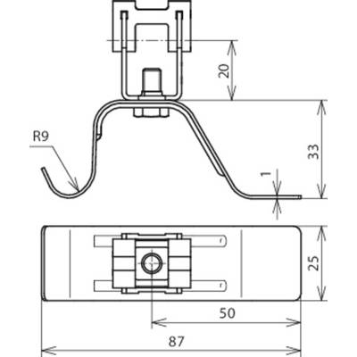 Technische Zeichnung eines metallischen Halters mit Maßen: Höhe 33 mm, Breite 87 mm. Zeigt auch den Biegeradius von 9 mm.