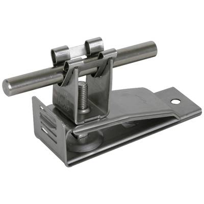 Ein silberfarbener Metallclip mit zylindrischen Stangen und einer Federmechanik, zur Befestigung oder als Haltewerkzeug verwendbar.