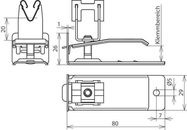 Technische Zeichnung einer Klemme mit Maßen: Höhe 26 mm, Klemmbereich 20 mm, Länge 80 mm, Durchmesser 5 mm. Front- und Seitenansicht.