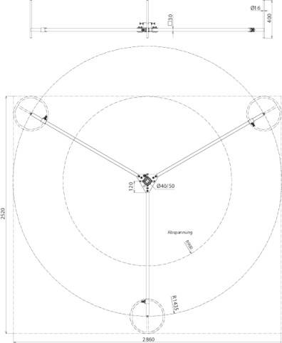 Technische Zeichnung eines kreisförmigen Aufbaus mit drei radialen Stützen. Maße und Details beschriftet.