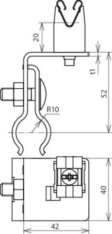 Technische Zeichnung eines Befestigungsclips mit Maßen: Breite 42 mm, Höhe 52 mm, Tiefe 40 mm. Zu sehen ist eine seitliche und obere Ansicht.