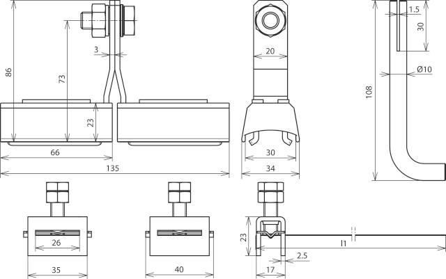 Technische Zeichnung eines mechanischen Bauteils mit Maßen. Mehrere Ansichten und Querschnitte zeigen detaillierte Abmessungen und Strukturen.