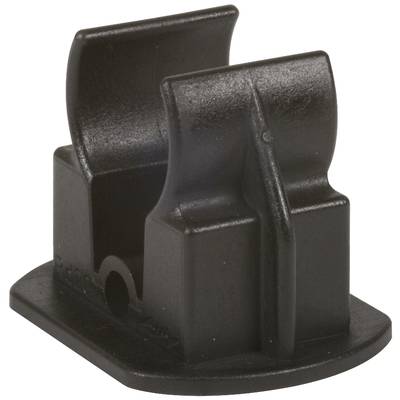 Schwarzes, rechteckiges Kunststoffteil mit geschwungenen Wänden, möglicherweise ein Halter oder Adapter für technische Anwendungen.