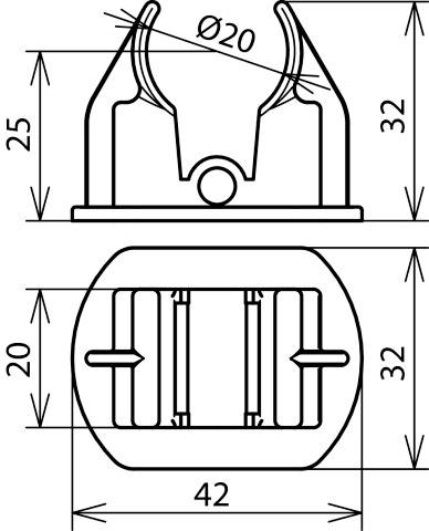 Technische Zeichnung einer Halterung mit Maßen: 25 mm, 20 mm, 32 mm, 42 mm, Durchmesser 20 mm. Seiten- und Draufsicht.