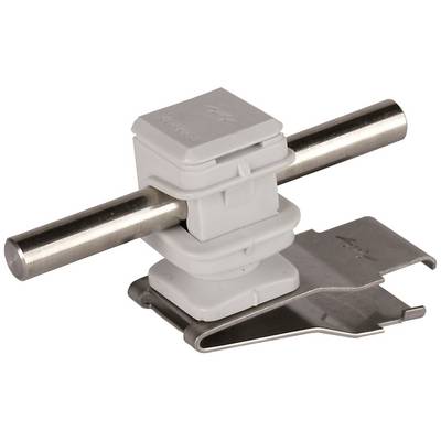 Ein Metallclip mit einem weißen, quadratischen Kunststoffteil, das einen horizontalen Metallstab hält, vor einem weißen Hintergrund.
