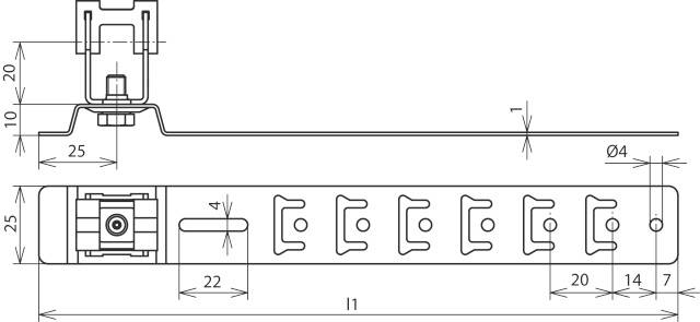 Technische Zeichnung einer Metallschiene mit fünf Halterungen, Maßangaben in Millimetern verwenden.