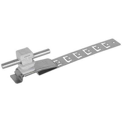 Metallhalterung mit verstellbarem Kunststoffspanner und Befestigungsriemen, geeignet zur Sicherung von Rohren oder Kabeln.