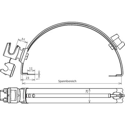 Technische Zeichnung eines Spannbands mit Maßen: Spannbereich, Höhe und Breite angegeben. Zeigt Details und Komponenten des Bands.