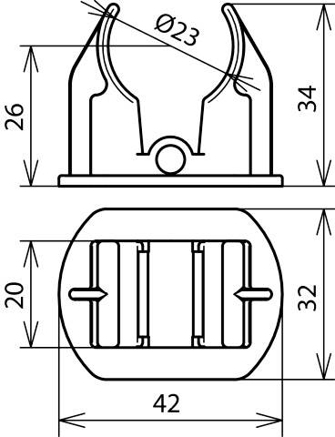 Technische Zeichnung eines Kunststoffclips mit Maßen: Innendurchmesser 23 mm, Höhe 34 mm, Breite 42 mm, Tiefe 32 mm.