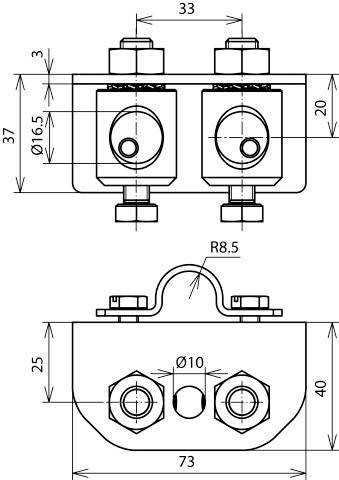 Zwei Ansichten eines Metallhalters mit Bolzen und Gewinden, technische Zeichnung mit genauen Abmessungen in Millimetern.