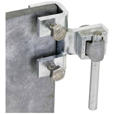 Metallische Klammerverbindung mit Schrauben an einer Platte befestigt; zeigt industrielle Befestigungslösung.