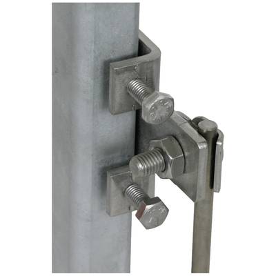 Metallrohr mit zwei großen Schrauben und Klemmen, die ein dünneres Stangelement befestigen.
