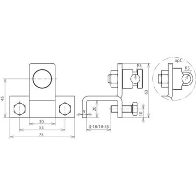 Technische Zeichnung eines Metallwinkels mit Bemaßungen: 75mm Breite, 45mm Höhe, 63mm Tiefe. Zusätzliche Ansichten und Maße angegeben.