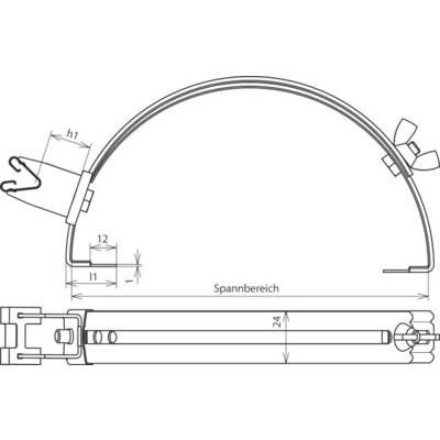 Technische Zeichnung eines Spannbandes mit Maßen: 'h1' und 'l1' zeigen Höhe und Länge, Spanbereich dargestellt; Schraubverbindung links.