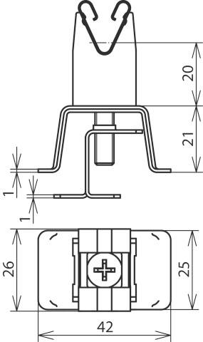 Technische Zeichnung eines elektrischen Steckverbinders mit Maßangaben: Höhe 41 mm, Breite 42 mm, Tiefe 26 mm. Zeigt Steck- und Befestigungsteile.