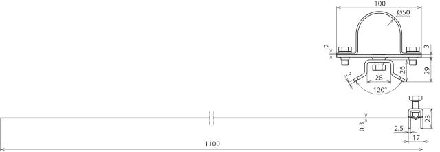 Technische Zeichnung eines Rohrzylinderhalters mit Maßen: 1100 mm Länge, 100 mm Breite, 28 mm Höhe. Schraubbefestigungen markiert.