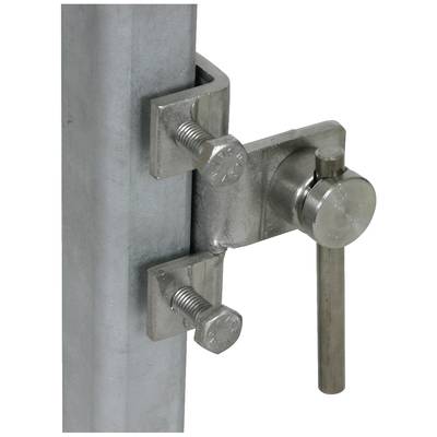 Ein Metallverschluss mit Hebel an einem zylindrischen Pfosten, gesichert durch zwei Schrauben.