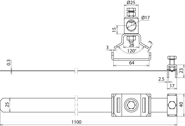 Technische Zeichnung eines Zylinders mit Maßen: 1100 mm Länge, 40 mm Höhe. Details zu 120° Winkel und verschiedenen Durchmessern.