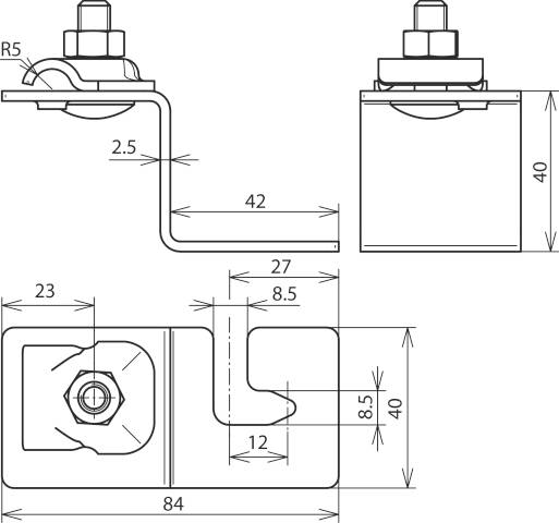 Technische Zeichnung eines U-förmigen Metallwinkels mit Maßen und Schraubenansicht. Seiten-, Vorder- und Draufsicht sind dargestellt.