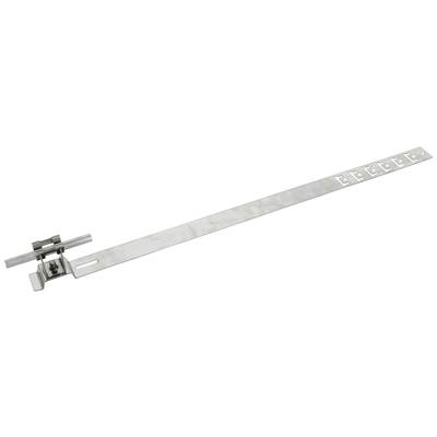 Metallischer Schließriegel mit langem, perforiertem Streifen und Verschlussmechanismus unten links.