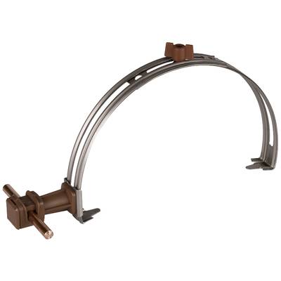 Ein brauner Kunststoff- und Metall-Rohrhalter, der zur Befestigung von Kabeln oder Rohren in der Elektroinstallation verwendet wird.