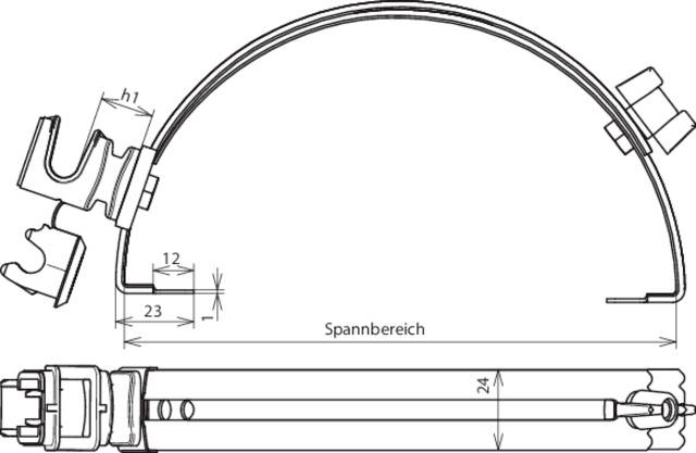 Technische Zeichnung einer Rohrschelle mit Spannbereich-Markierung, Bemaßungen von 12 bis 24 mm, und Details der Verschlussmechanismen.