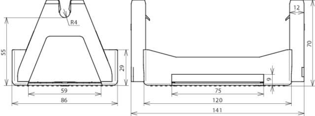 Technische Zeichnung eines Halters mit Maßen: Höhe 70, Breite 141, Tiefe 86. Seitliche und vordere Ansichten mit spezifischen Abmessungen.