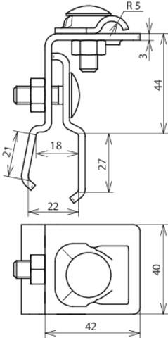 Technische Zeichnung einer Befestigungsschelle mit Maßen: 44 mm Höhe, 22 mm Breite, 42 mm Bodentiefe. Schraube und Mutter enthalten.