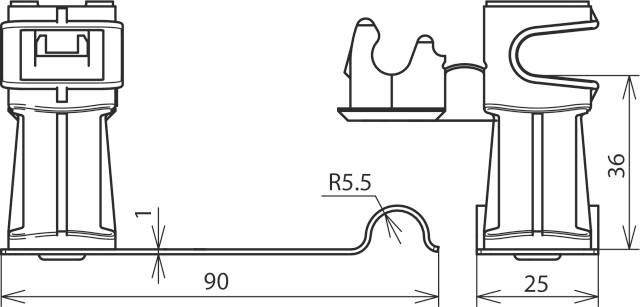 Technische Zeichnung eines Metallprofils mit Maßen: 90 mm Länge, 36 mm Höhe, 25 mm Breite, Radius R5.5, seitliche und obere Ansichten.