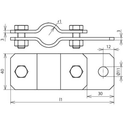 Technische Zeichnung einer Metallklammer mit Maßen: Breite 40 mm, Länge 30 mm, Durchmesser des Lochs 11 mm. Oberansicht und Seitenansicht gezeigt.