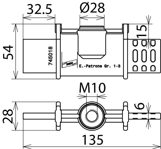 Technische Zeichnung eines Rohrs mit Maßen. Oben: Ø28, Länge 32.5, Gesamthöhe 54. Unten: Loch M10, Länge 135.