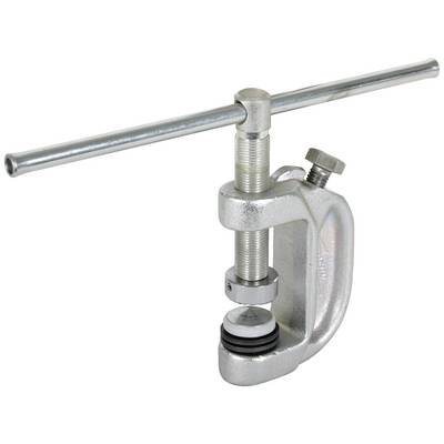 Eine silberne Rohrbiegemaschine mit einer T-förmigen Drehstange aus Metall, die zum Biegen von Rohren verwendet wird.