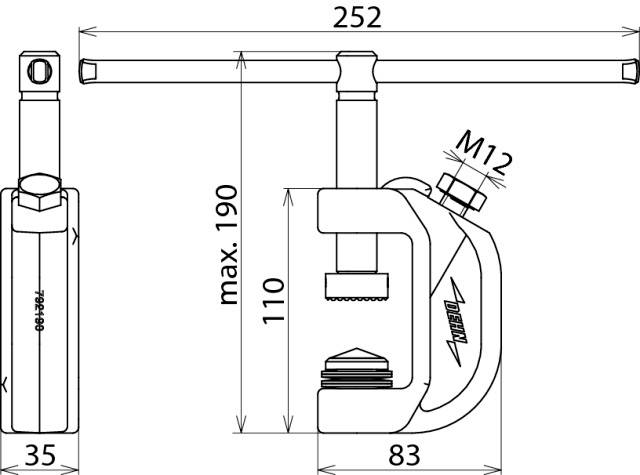 Technische Zeichnung eines Schraubstocks mit Maßen: Breite 83 mm, Höhe 110 mm, maximale Öffnung 190 mm, M12 Schraube. Draufsicht und Seitenansicht.