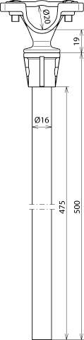 Technische Zeichnung einer Schraube: Länge 500 mm, Durchmesser der Stange 16 mm, Kopfbreite 19 mm. Detaillierte Maße angegeben.