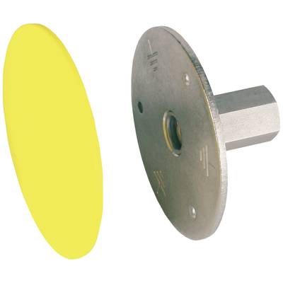 Zwei Teile eines Werkzeugs: Eine gelbe, ovale Scheibe und eine runde, flache, metallische Platte mit einem sechseckigen Stift.