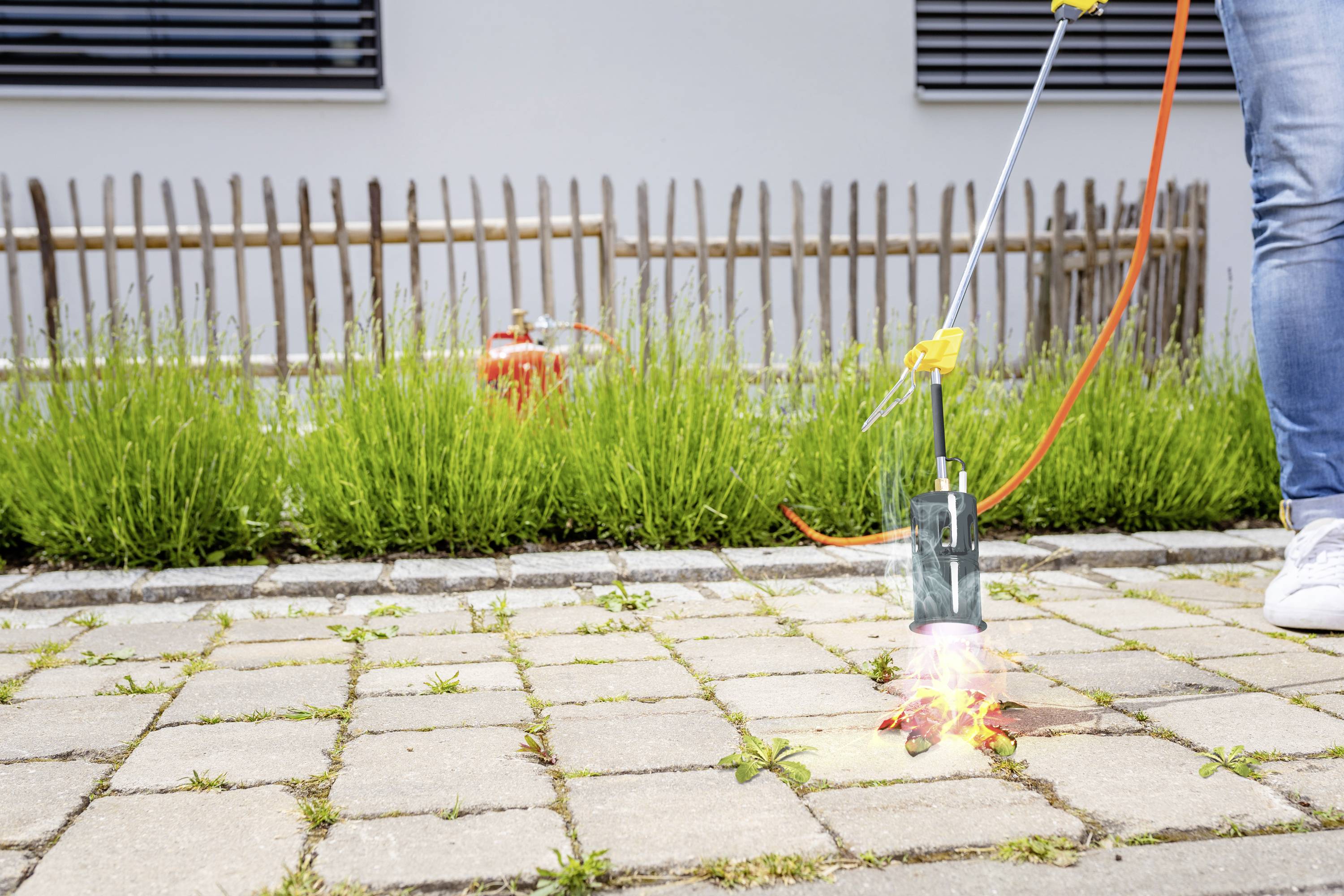 Person benutzt Gasbrenner, um Unkraut zwischen Pflastersteinen zu entfernen. Im Hintergrund ein Holzzaun und grüner Bewuchs.