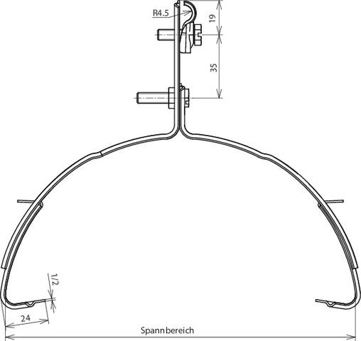 Eine technische Zeichnung eines metallischen Klemmverbinders mit Maßen: Radien und Spannung. Höhe: 35, Durchmesser: 12, Spannbereich: 24.