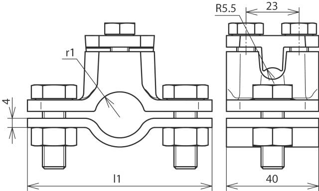 Technische Zeichnung einer Rohrschelle mit Maßen. Ansicht von vorne und der Seite mit markierten Abmessungen: r1, R5.5, 23, 4, 40.
