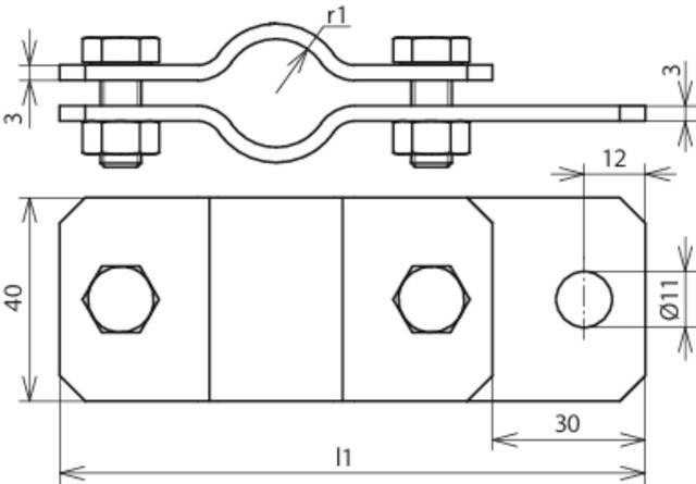 Technische Zeichnung eines Metallbeschlags mit zwei Schrauben. Maße sind angegeben: Höhe 40 mm, Länge 30 mm, Bohrung Ø11 mm.