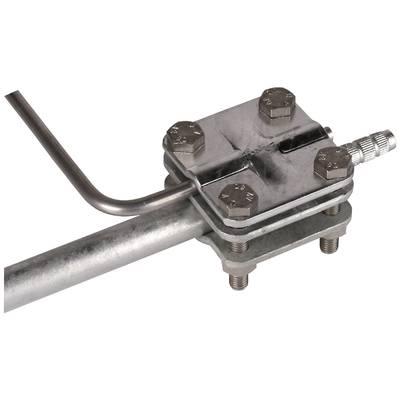 Nahaufnahme eines Metallwinkels mit Schrauben und einem befestigten L-förmigen Rohr. Das Konstrukt wirkt robust und funktional.
