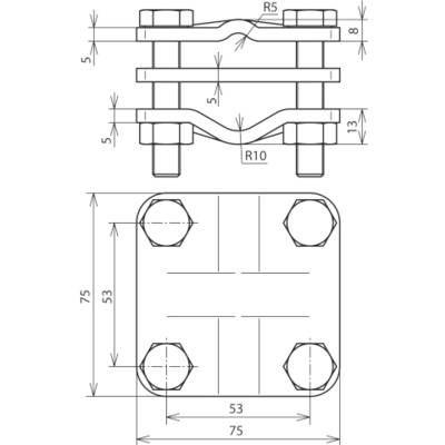 Technische Zeichnung einer Metallverbindung mit Maßen: 75x53 mm Platte, 5 mm Dicke. Schrauben und Kurven mit Radius R5 und R10 markiert.