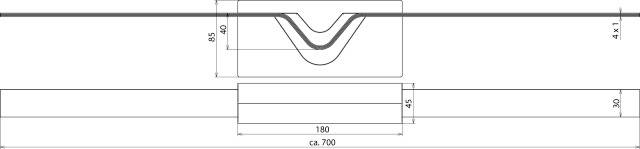 Technische Zeichnung einer Nut und zwei Maßangaben: oben 85 mm und unten 4x1 mm. Unten: zusätzliche Längenangaben von 180 mm und 700 mm.