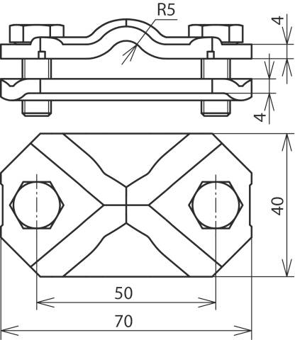 Technische Zeichnung einer Metallklemme in Seiten- und Draufsicht mit Maßen: 70x50 mm Grundfläche, 40 mm Höhe, Radius 5 mm.