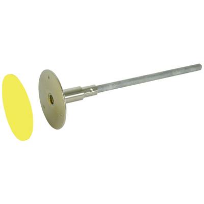 Metallstange mit einer runden, flachen Scheibe und einer gelben Abdeckung. Verwendet zur Befestigung oder als Abstandshalter.