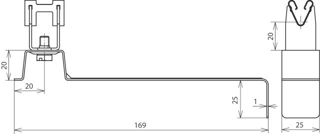 Technische Zeichnung eines Profils mit genauen Maßangaben: Breite 169 mm, Höhe 25 mm, kleinere Absätze 20 mm und 1 mm.