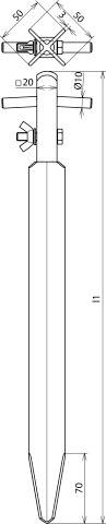 Technische Zeichnung eines Metallpfostens mit Maßen: 50x50 mm Kopf, 20 mm Durchmesser Stab, 600 mm Gesamtlänge, Spitze 70 mm.