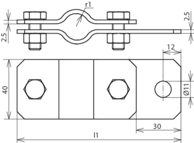 Technische Zeichnung einer Metallklammer mit Abmessungen: 40 mm Breite, 30 mm Länge, Schraubenlöcher mit 11 mm Durchmesser.