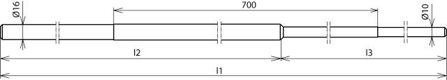 Technische Zeichnung eines Stabes: Die Gesamtlänge beträgt l1. Ein Abschnitt von l2 hat Durchmesser 16 mm, ein Abschnitt von l3 hat Durchmesser 10 mm.